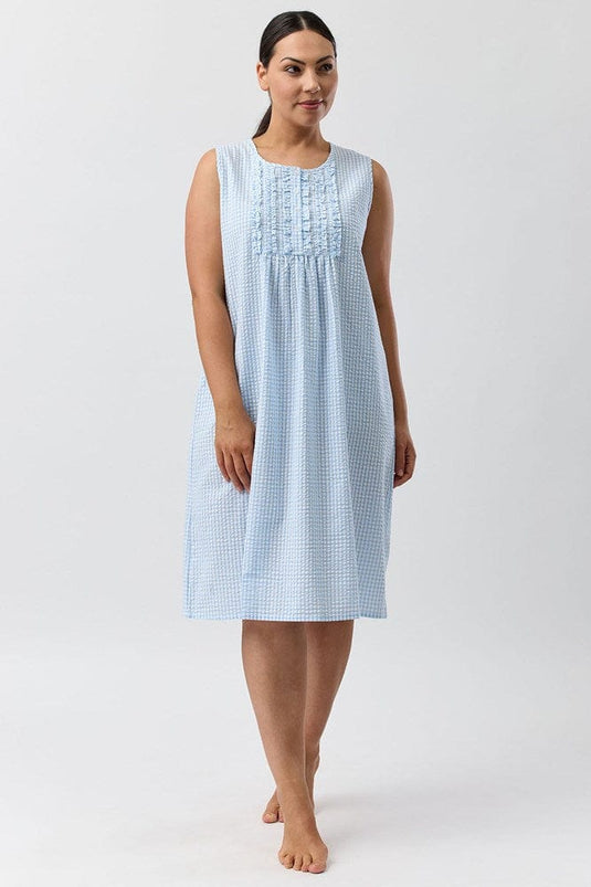 Schrank Womens Seersucker Check Sleeveless Nightie - Blue