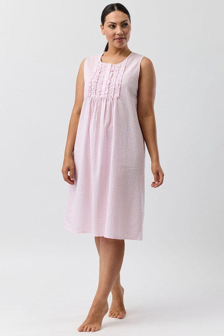 Schrank Womens Seersucker Check Sleeveless Nightie - Pink