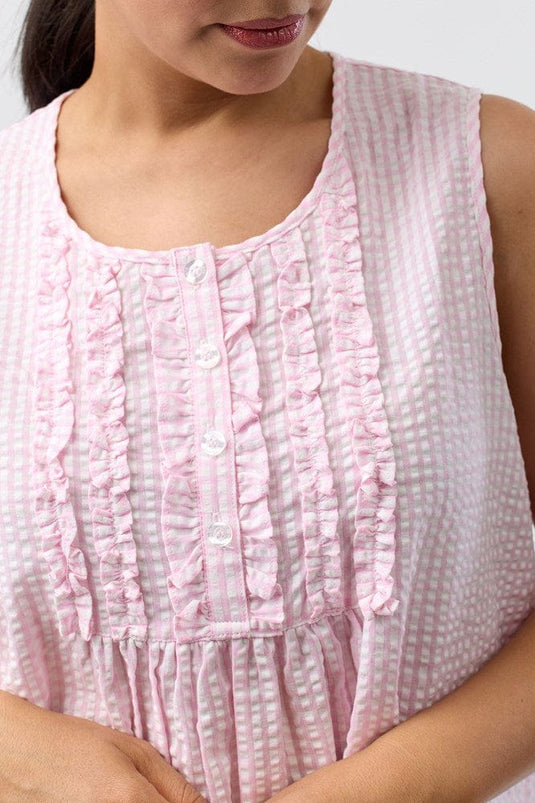 Schrank Womens Seersucker Check Sleeveless Nightie - Pink