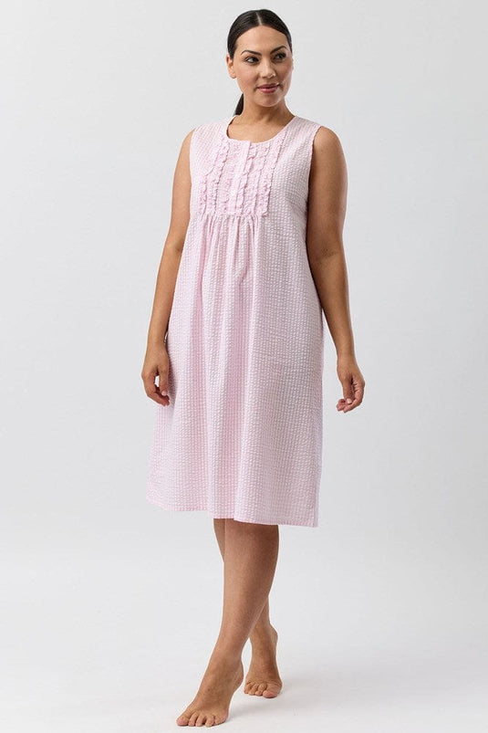 Schrank Womens Seersucker Check Sleeveless Nightie - Pink