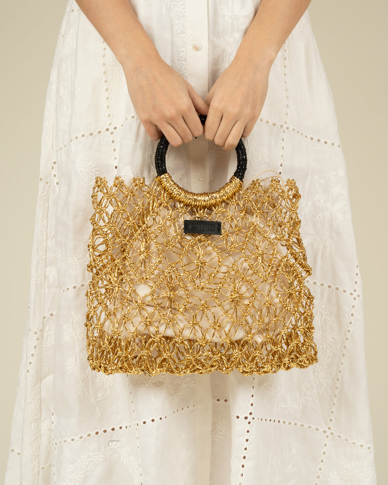 Load image into Gallery viewer, Gaimo Womens Sombra Gold Crochet Mini Bag
