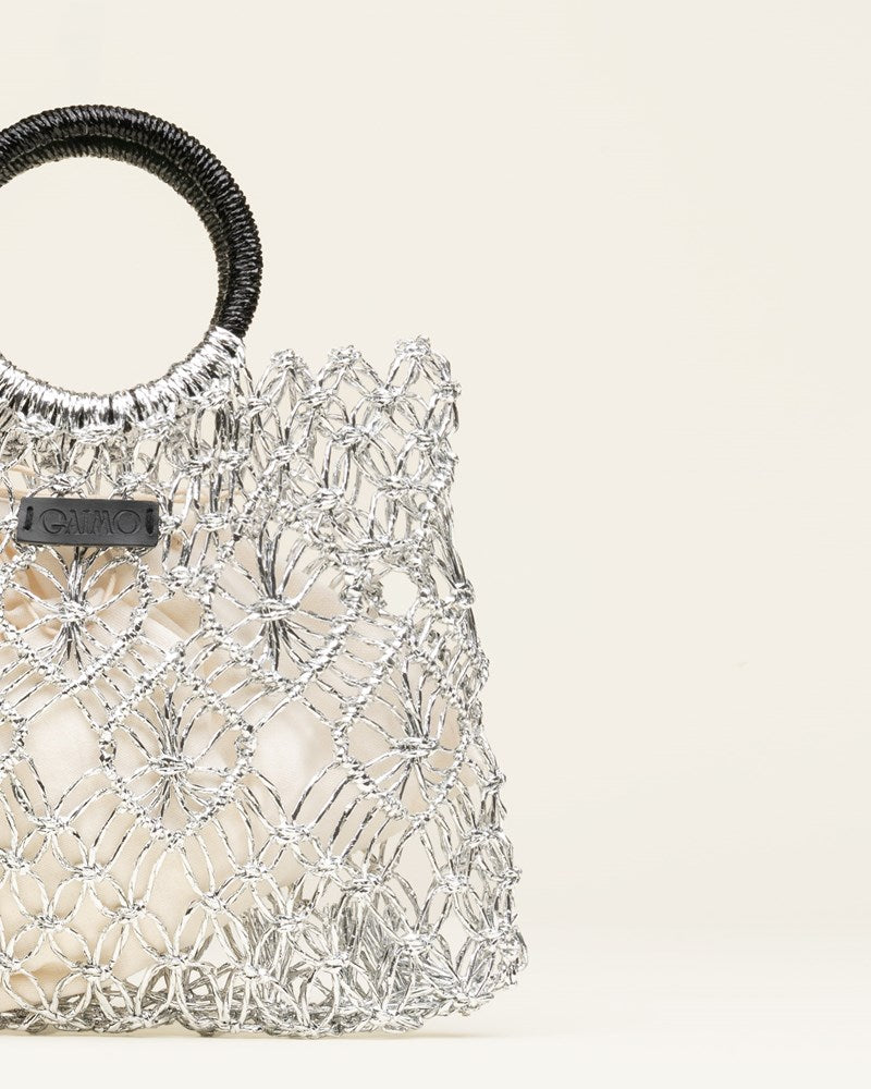 Load image into Gallery viewer, Gaimo Womens Sombra Silver Crochet Mini Bag
