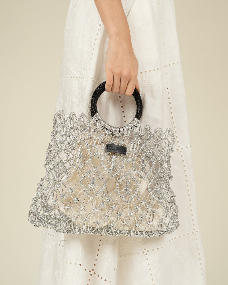 Load image into Gallery viewer, Gaimo Womens Sombra Silver Crochet Mini Bag
