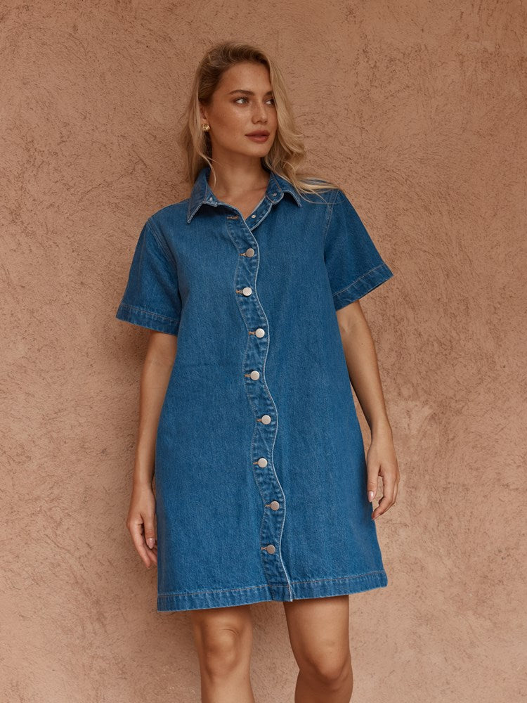Load image into Gallery viewer, Sass Womens Pepe Wave Denim Dress - Classic Blue
