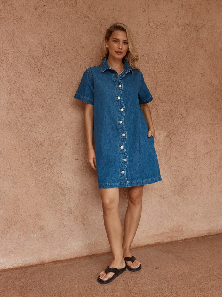 Load image into Gallery viewer, Sass Womens Pepe Wave Denim Dress - Classic Blue
