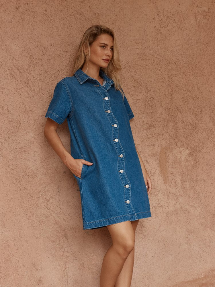 Load image into Gallery viewer, Sass Womens Pepe Wave Denim Dress - Classic Blue
