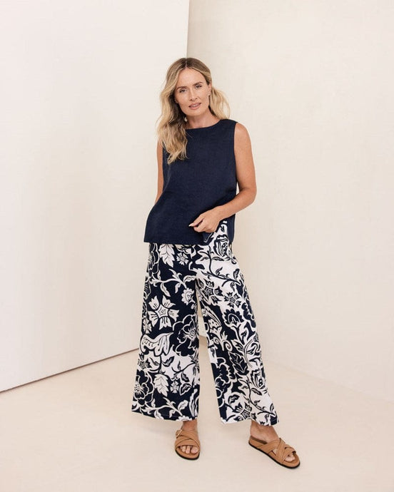 See Saw Womens Linen Button Back Top - Navy