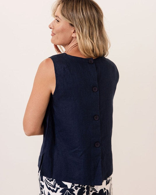 See Saw Womens Linen Button Back Top - Navy