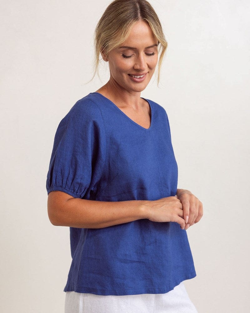 Load image into Gallery viewer, See Saw Womens Linen V Neck Swing Top - Denim
