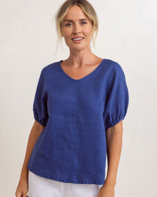 See Saw Womens Linen V Neck Swing Top - Denim