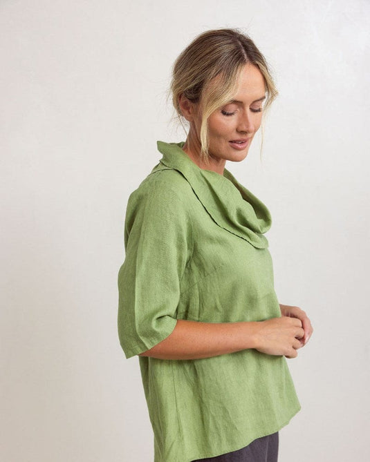 See Saw Womens Linen Short Sleeve Cowl Neck Top - Pistachio