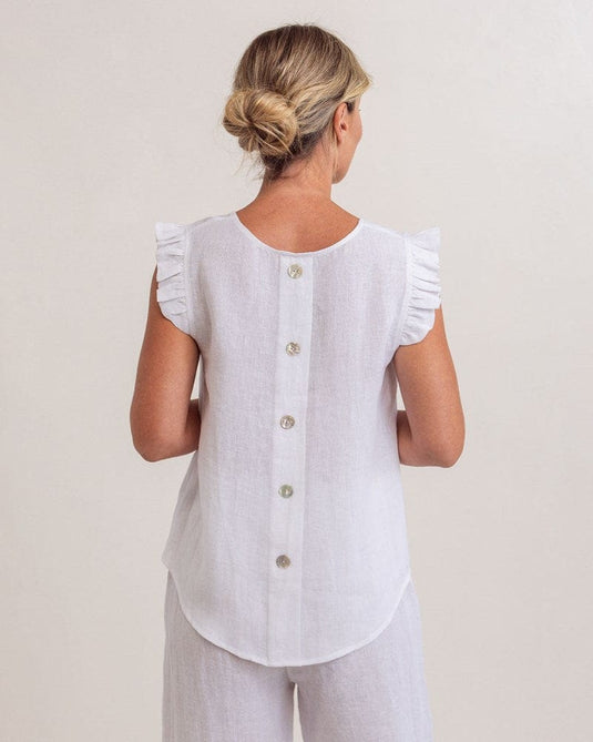 See Saw Womens Ruffle Sleeveless Button Back Top - White