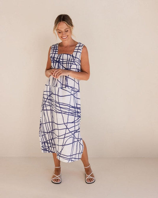 See Saw Womens Linen Square Neck Dress - Tokyo Streets