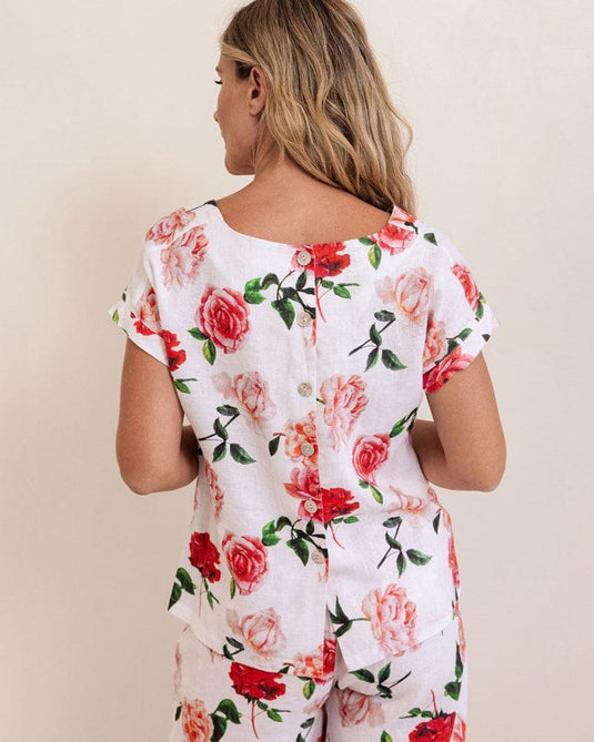 See Saw Womens Button Back Cap Sleeve Top - Roses