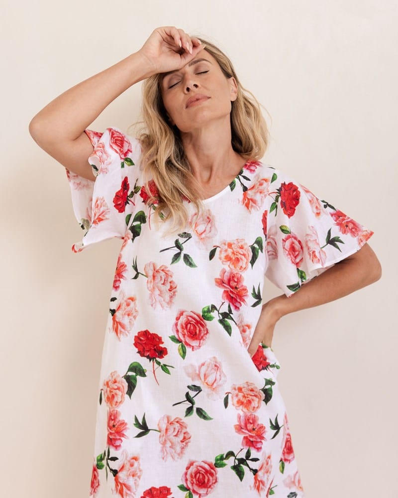 Load image into Gallery viewer, See Saw Womens V-Neck Flutter Sleeve Dress - Roses
