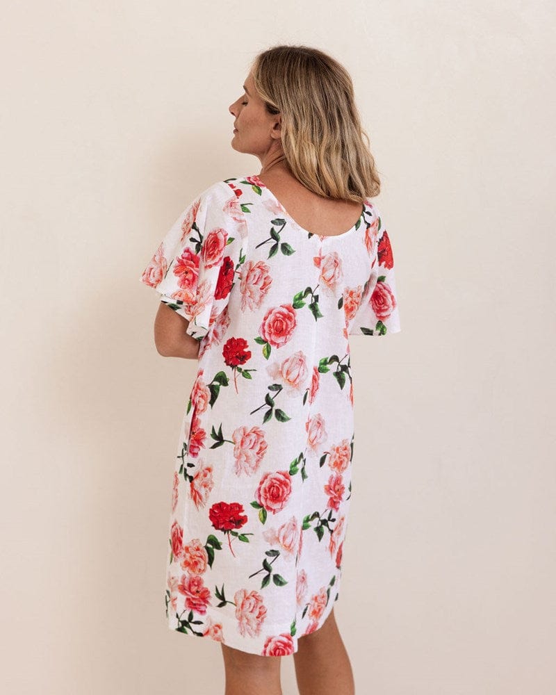 Load image into Gallery viewer, See Saw Womens V-Neck Flutter Sleeve Dress - Roses
