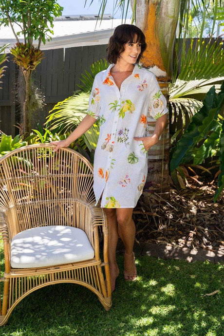 See Saw Womens Linen Gathered Sleeve Shirtdress - Paradise