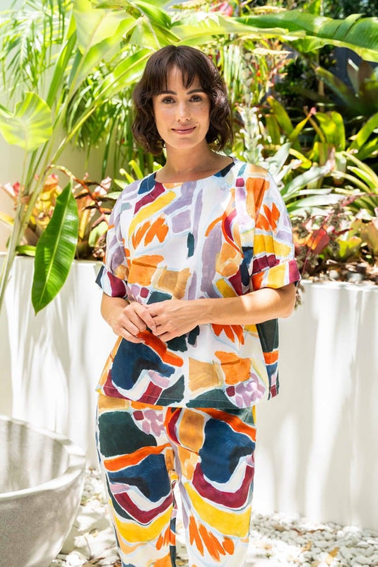 See Saw Womens Tenc/Linen Cuff Sleeve Top - Abstract