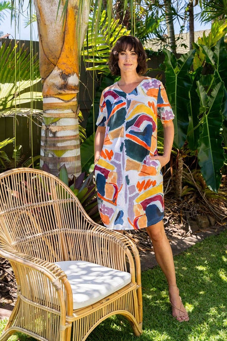 See Saw Womens Tenc/Linen Soft V Short Sleeve Dress - Abstract