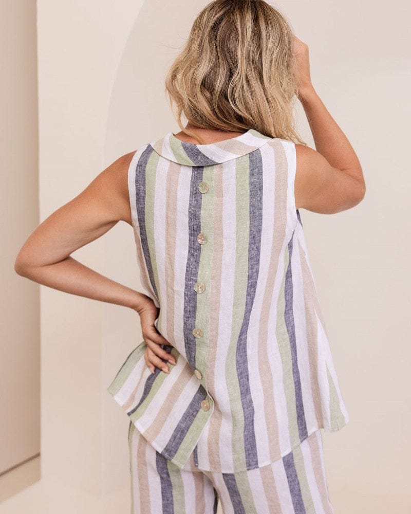 Load image into Gallery viewer, See Saw Womens Linen Botton Back Cowl Neck A-Line Top - Multi Stripe
