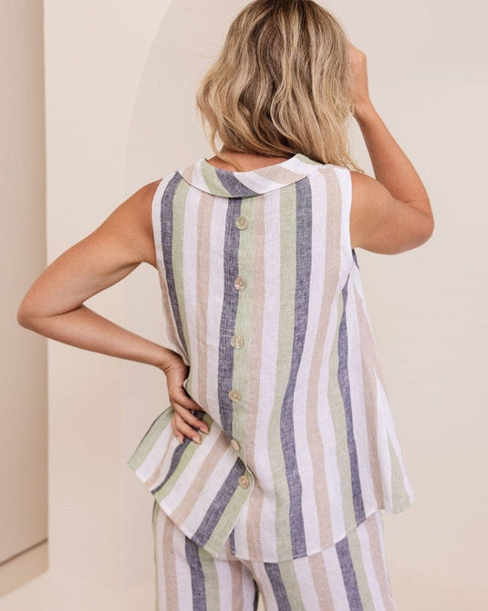 See Saw Womens Linen Botton Back Cowl Neck A-Line Top - Multi Stripe