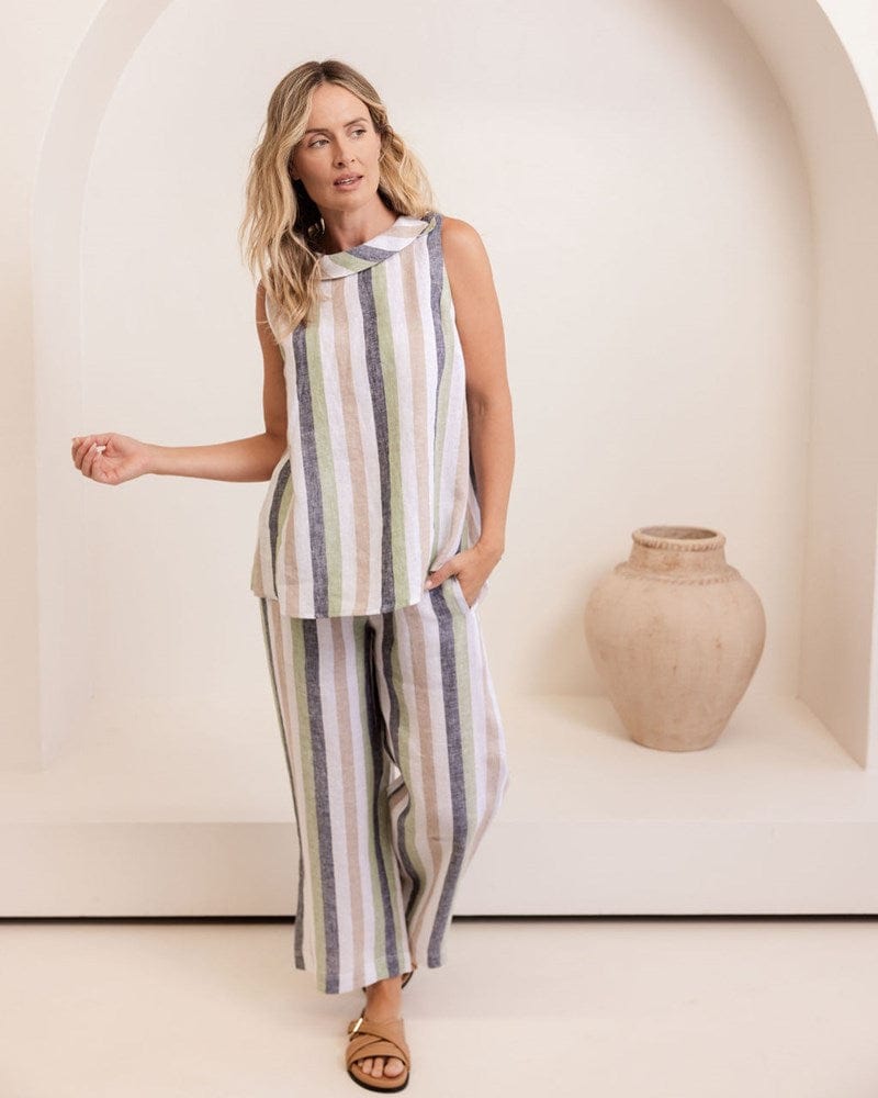 Load image into Gallery viewer, See Saw Womens Linen 7/8 Wide Leg Elastic Waist Pant - Multi Stripe
