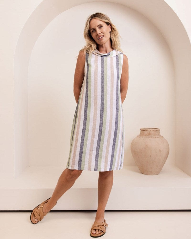 Load image into Gallery viewer, See Saw Womens Linen Button Back Cowel Neck Dress - Multi Stripe
