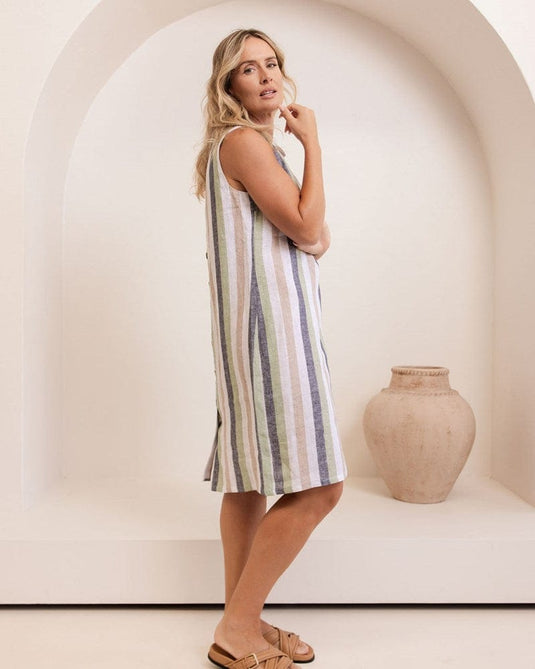 See Saw Womens Linen Button Back Cowel Neck Dress - Multi Stripe