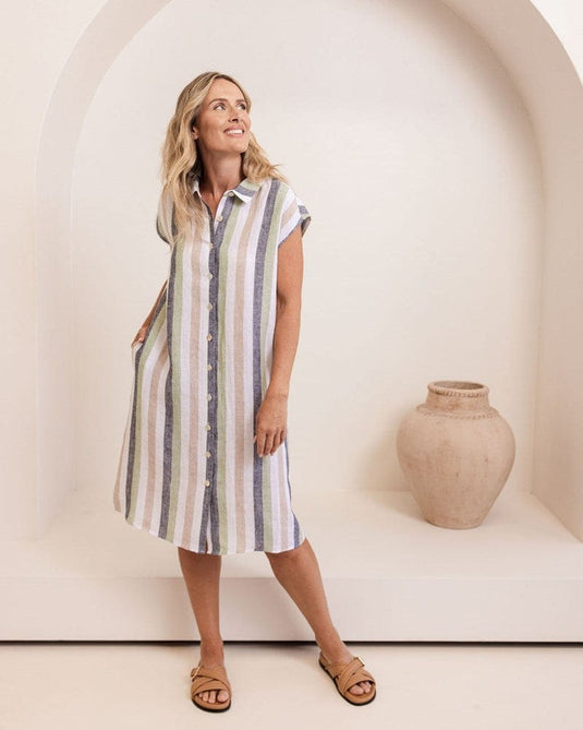 See Saw Womens Linen Cap Sleeve Dress - Multi Stripe