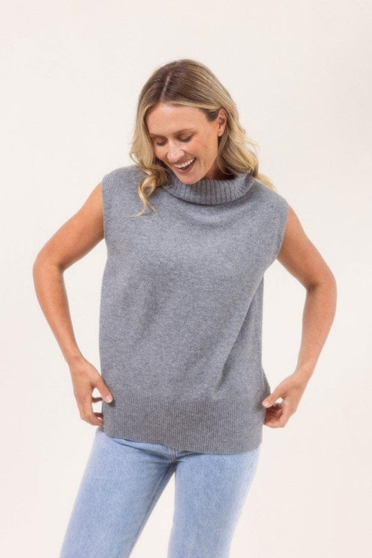 See Saw Womens 100% Merino Wool (Cashfeel) Roll Neck Vest with Side Splits - Silver