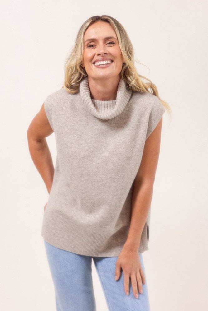 Load image into Gallery viewer, See Saw Womens 100% Merino Wool (Cashfeel) Roll Neck Vest with Side Splits - Wheat
