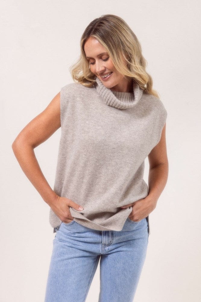 Load image into Gallery viewer, See Saw Womens 100% Merino Wool (Cashfeel) Roll Neck Vest with Side Splits - Wheat
