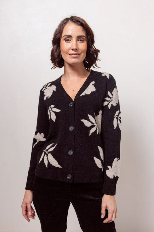 See Saw Womens Australian Wool/Nylon/Acrylic V Neck Floral Cardi - Black