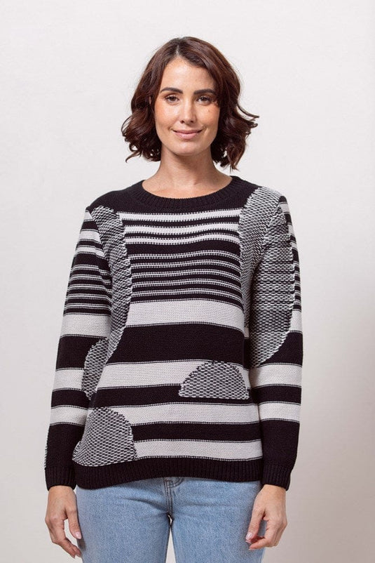 See Saw Womens Cotton/Acrylic Jacquared Stripe Sweater -Black