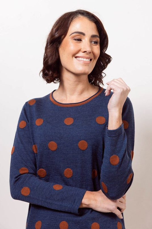 See Saw Womens 100% Merino Wool Spot Sweater - Indigo/Copper