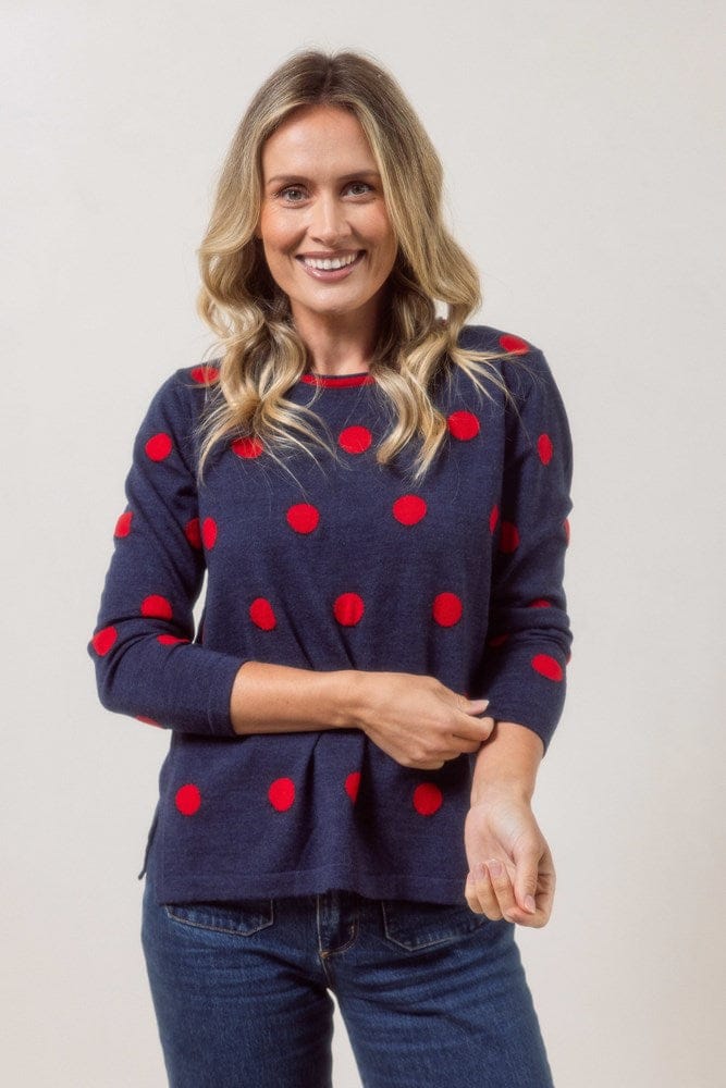 Load image into Gallery viewer, See Saw Womens 100% Merino Wool Spot Sweater - Indigo/Red
