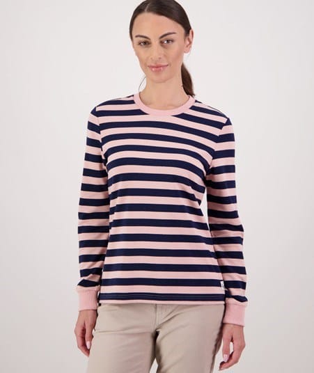 Swanndri Womens Papamoa Long Sleeve Stripe T Shirt - Navy/Pink Salt