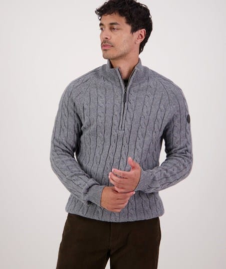 Swanndri Mens Doncaster V2 Zip Cable Knit - Grey Marle