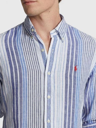 Load image into Gallery viewer, Ralph Lauren Mens Blue Linen Stripe Shirt
