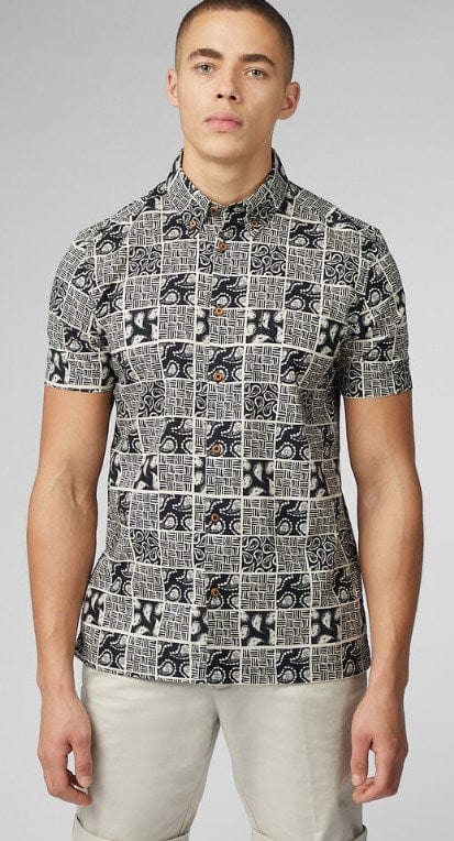 Ben Sherman Mens Checkerboard Paisley Print Short Sleeve Shirt