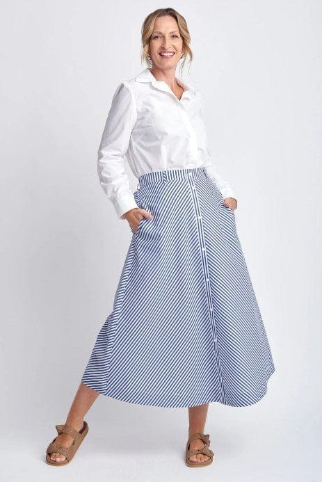 Load image into Gallery viewer, Goondiwindi Cotton Womens Button Through Bias Cut Stripe Cotton Skirt
