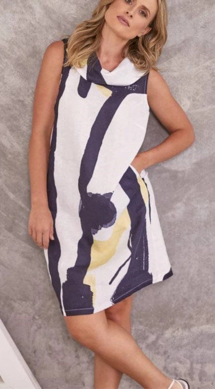 Load image into Gallery viewer, See Saw Womens Linen Sleeveless Cowl Neck Dress Navy/Pine Lime
