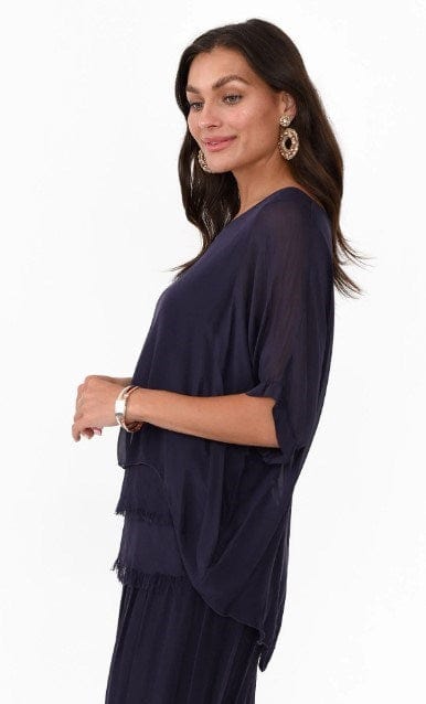 La Strada Womens Talia Navy Silk Layer Top