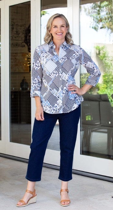 Load image into Gallery viewer, Equinox Womens Abstract Patchwork Print Semi-Fitted 3/4 Sleeve Shirt
