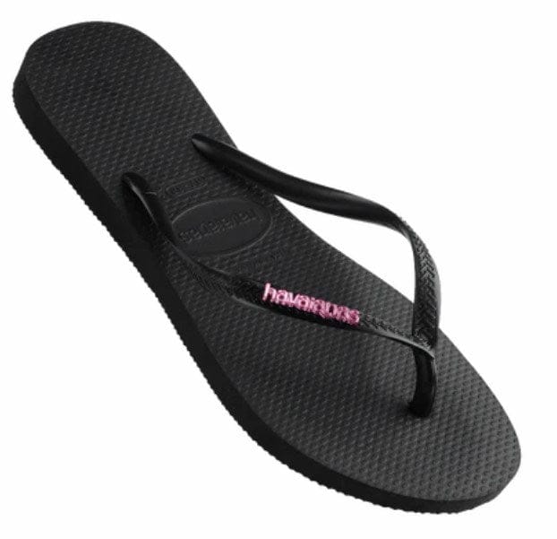 Load image into Gallery viewer, Havaianas Slim Metal Logo Black Hot Pink Thongs
