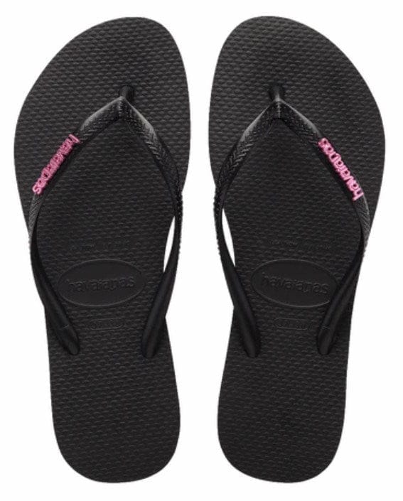 Load image into Gallery viewer, Havaianas Slim Metal Logo Black Hot Pink Thongs
