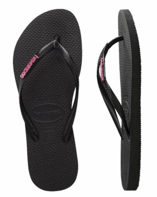 Havaianas Slim Metal Logo Black Hot Pink Thongs