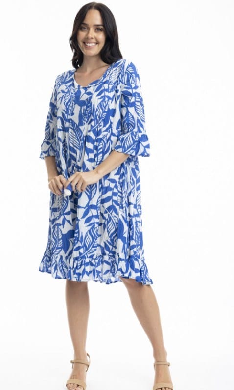 Load image into Gallery viewer, Orientique Womens Hayman Blue Frill Sleeve Pinch Pleat Dress
