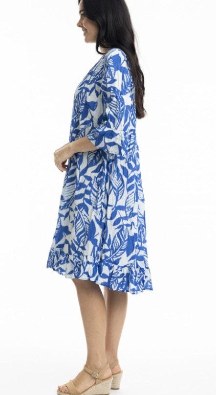 Load image into Gallery viewer, Orientique Womens Hayman Blue Frill Sleeve Pinch Pleat Dress
