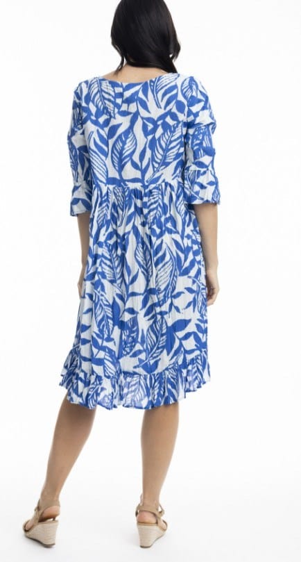 Load image into Gallery viewer, Orientique Womens Hayman Blue Frill Sleeve Pinch Pleat Dress
